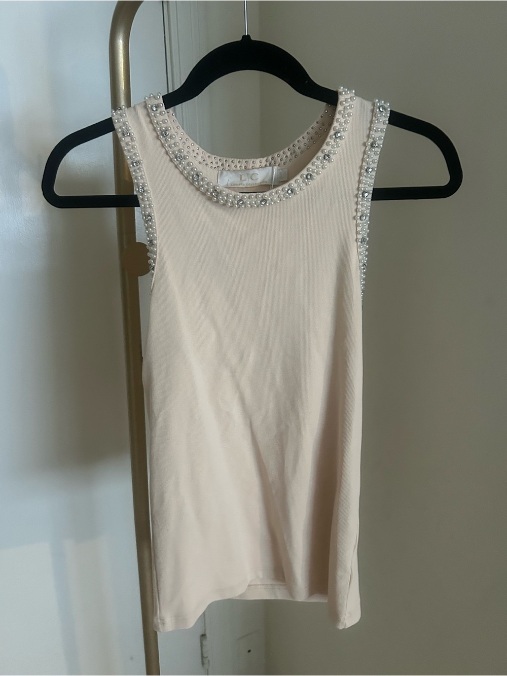 LC Lizette Collection Pearl & Rhinestone Embellished Ribbed Tank Top NWT
